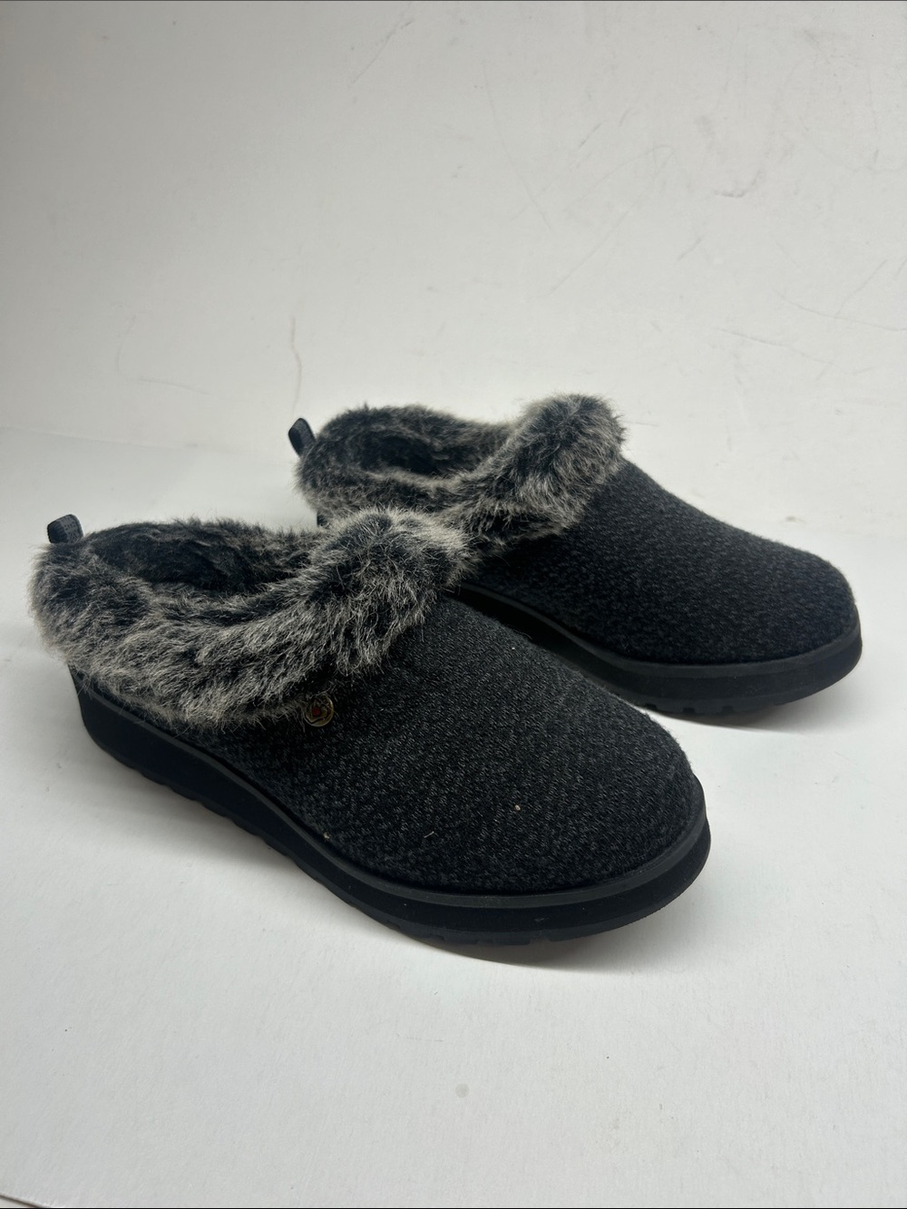 BOBS from Skechers Women's Charcoal Black Faux-Fur Slip-On Clog Slippers